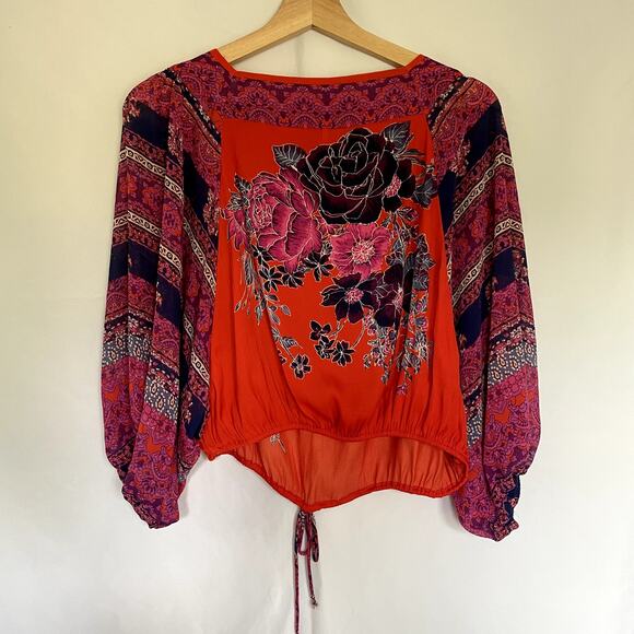 Free People boho flowy top orange pink women's size XS drawstring elastic waist - Picture 10 of 10